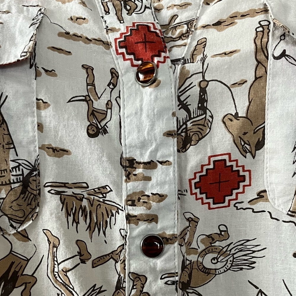 Tasha Polizzi Western Print Rolled Sleeve Tunic With Pockets White Brown Size M - Picture 9 of 16